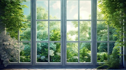  Beautiful Travel natural landscape. View window in realistic style on natural background.