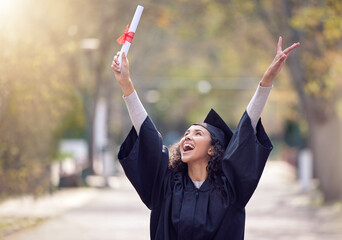 Wall Mural - Success, college student graduate and celebration outdoors with a lens flare. Victory or education, university and happy woman cheering for achievement on her graduation day with certificate