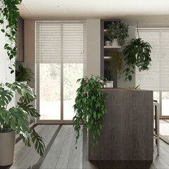 Wall Mural - Indoor home garden concept. Kitchen with island in white and dark wooden tones. Parquet, panoramic windows and many house plants. Urban jungle idea