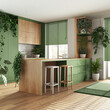 Urban jungle interior design, wooden kitchen in green tones with many houseplants. Parquet, island with chairs and appliances. Biophilic concept idea