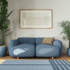 Sticker - Urban jungle interior design, wooden living room in white and blue tones with fabric sofa and houseplants. Carpet and frame mockup. Biophilic concept idea