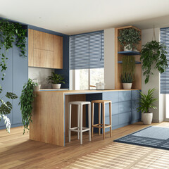 Sticker - Urban jungle interior design, wooden kitchen in blue tones with many houseplants. Parquet, island with chairs and appliances. Biophilic concept idea