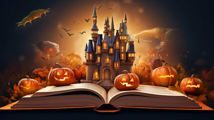 Poster - 3d illustration of an open book with halloween