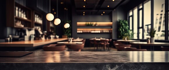 Sticker - Empty Table and Marble Counter in Blurred Background. Modern Restaurant Interior