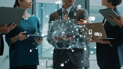 Poster - Group of people meeting in lobby and cloud computing concept. Software as a Service. SaaS. Communication network. ERP. Enterprise Resources Planning.