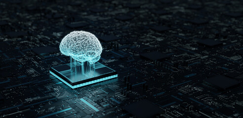 Artificial Intelligence hardware concept. 
Glowing blue brain circuit on microchip on computer motherboard. 
big data processing, ai trading, machine learning, technology, 3D illustration, 3D renderin