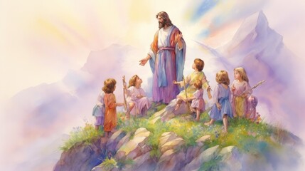 Wall Mural - Jesus and children on top of a hill