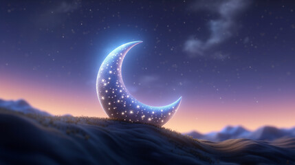 Wall Mural - 3D Crescent Moon Illuminating a Colorful Night Sky