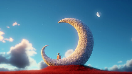 Wall Mural - 3D Crescent Moon Illuminating a Colorful Night Sky