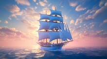 Large Sailboat Sailing In The Sea Of Clouds Dreamy Background. Generative Ai