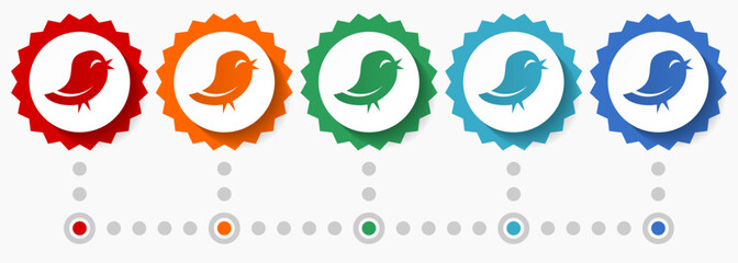 Poster - Bird, animal, twitter vector icon set, colorful infographic template, set of flat design badge icons in 5 color options