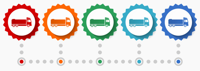 Fototapete - Truck, fuel cistern vector icon set, colorful infographic template, set of flat design badge icons in 5 color options