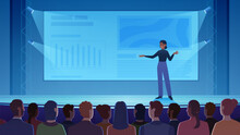 Public Lecture, Business Training For Audience Vector Illustration. Cartoon Woman Presenting Business Product On Screen, Confident Female Speaker Standing On Stage In Spotlights To Explain Information