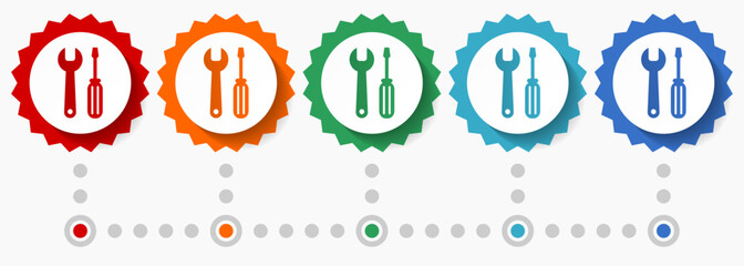 Poster - Tools, service vector icon set, colorful infographic template, set of flat design badge icons in 5 color options