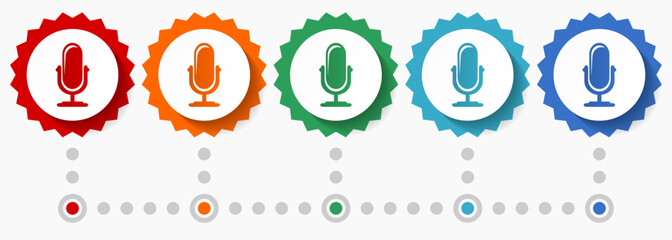Fototapete - Microphone, podcast vector icon set, colorful infographic template, set of flat design badge icons in 5 color options