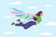 © Flash Vector - Happy girl flying on colorful wings in blue sky with clouds vector illustration. Cartoon cute free teen character dreaming about freedom and flight like bird, daydream and inspiration concept