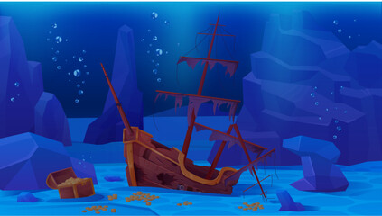 Sunken pirate ship on sea or ocean bottom vector illustration. Cartoon deep underwater game scene of shipwreck, wooden boat with broken mast and deck, bubbles in blue water and gold treasure on seabed