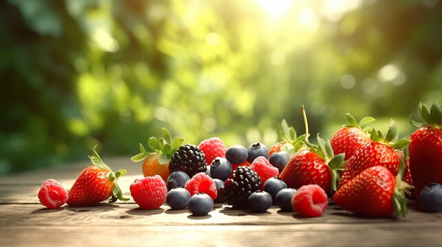 Fresh berries on wooden table with blurred background in garden.