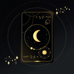 Wall Mural - Gold Tarot card with a crescent on a black background with stars. Tarot symbolism. Mystery, astrology, esoteric