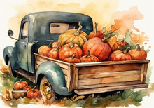 Watercolor Old Pickup Trucks With Ripe Pumpkins And Autumn Leaves.Generative AI Technology.	
