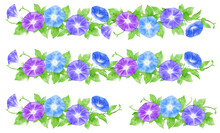 Blue And Purple Morning Glory Decorative Border Drawn With Digital Watercolor
