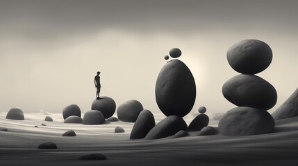 Silhouette of single man in a far distant waiting for something. A dramatic illustration of a solitary figure standing on a stone. Creating a sense of solitude. Generative AI for cover or presentation