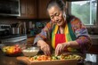 Female Asian senior cooking in kitchen apron chef attire. Generative AI AIG23.