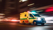 emergency ambulance car moving fast on night american city downtown district with motion blur. Neural network generated in May 2023. Not based on any actual person, scene or pattern. Generative AI