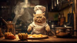 Cat chef in the kitchen prepares food. AI generated.