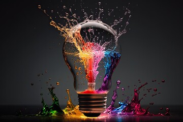 Creative colorful bulb and brain concept on light gray background. Idea generation and innovation theme. Generative AI