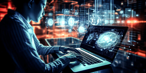 Computer programmer team collaborates on laptop to process data - generative ai.