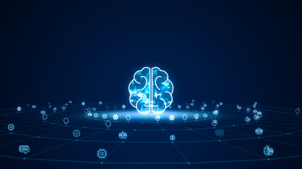 Blue digital brain logo with grid and rotation circle line connection ai technology icon on futuristic abstract background artificial intelligence concepts