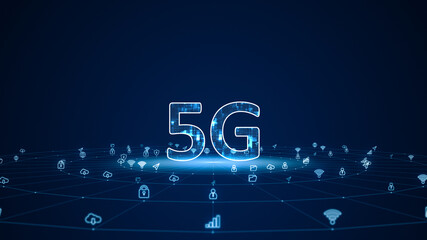 Wall Mural - blue digital 5g letter with futuristic technology ai icon and line connection with circle rotation o