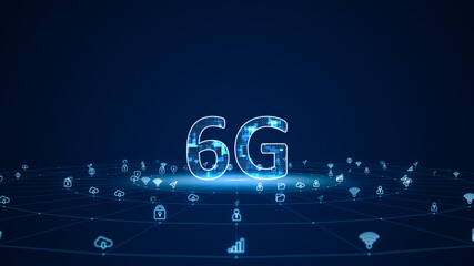 Wall Mural - blue digital 6g letter with futuristic technology ai icon and line connection with circle rotation o