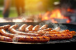 Grilled sausages are cooked on a barbecue grill, outdoor on a bright sunny day against the background of a blurred youth company. Generated by AI