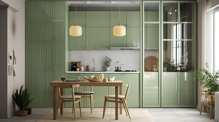 Poster - White folding reeded glass partition, sage green modern design kitchen cabinet. Generative Ai