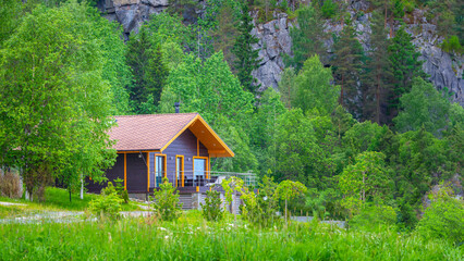 Wall Mural - House in forest. Cottage at foot of mountain. Villa in ecological location. Country house with terrace. Single storey wooden cottage. Scandinavian house in summer weather. Green trees surround villa