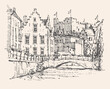 Sketch of Ghent, Belgium. Historical building line art. Freehand drawing. Hand drawn travel postcard in retro style. Hand drawing of Ghent. Urban sketch in black color isolated on beige background.