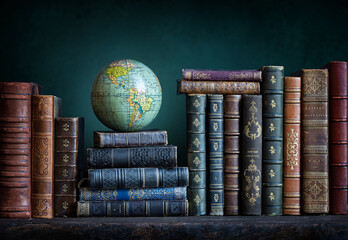 old geographical globe and old book in cabinet with bookselfs. science, education, travel background