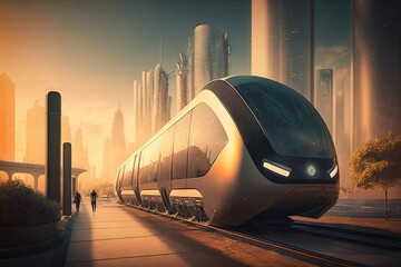 Wall Mural - Modern high speed train in the city at sunset