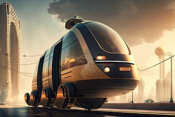 Wall Mural - Modern electric train on the city street at sunset