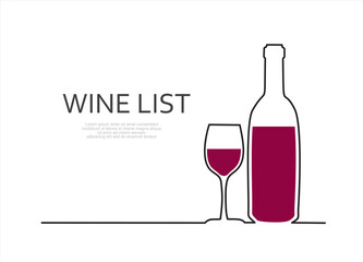 Wall Mural - Wine list. Continuous line one drawing of wine bottle with wineglass. Illustration with quote template. Can used for logo, emblem, slide show and banner.