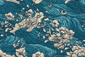 Wall Mural - Hawaiian flowers hand drawn with blue ocean in the background. Generative AI AIG18.