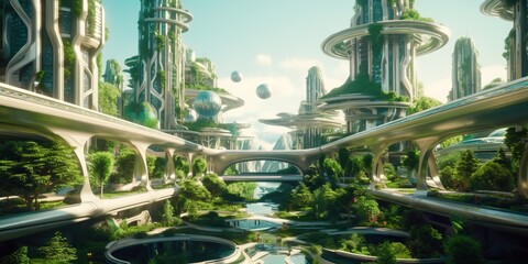 Banner of futuristic sustainable green city, concept of city of the future based on green energy and eco industry. Generative AI
