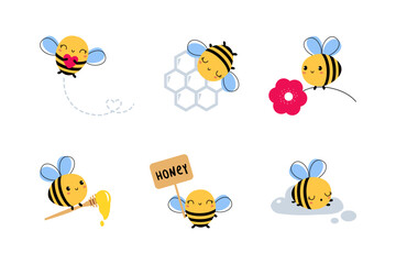 Sticker - Cute Little Honey Bee with Wings and Black Stripes Flying Vector Set