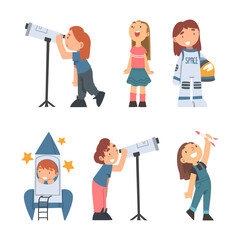 Sticker - Children Characters Studying Space and Galaxy Dreaming of Being Astronaut and Playing with Spacecraft Vector Set