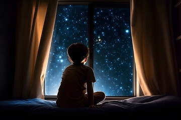 Little boy looking out window into starry night sky, Generative AI