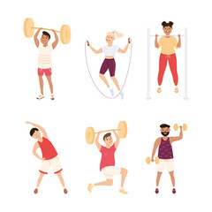 Sticker - Young Male and Female in Athletic Wear at Gym Doing Physical Exercise and Workout Vector Illustration Set