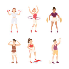 Sticker - Young Male and Female in Athletic Wear at Gym Doing Physical Exercise and Workout Vector Illustration Set