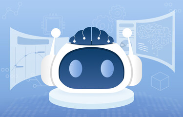 Artificial intelligence technology and science in the laboratory. Display of digital database on screen around robot. Innovation and creativity for success. Flat vector design illustration.